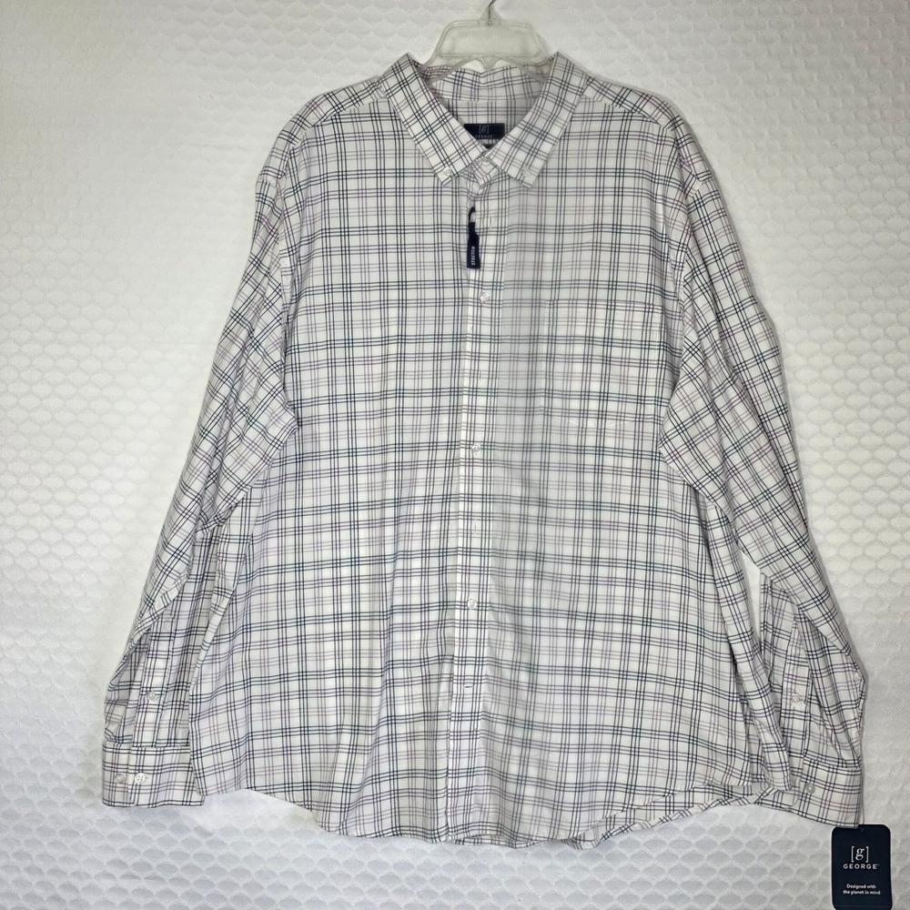 George Mens 3XL Classic Fit Long Sleeve Poplin Plaid Button Down Shirt White